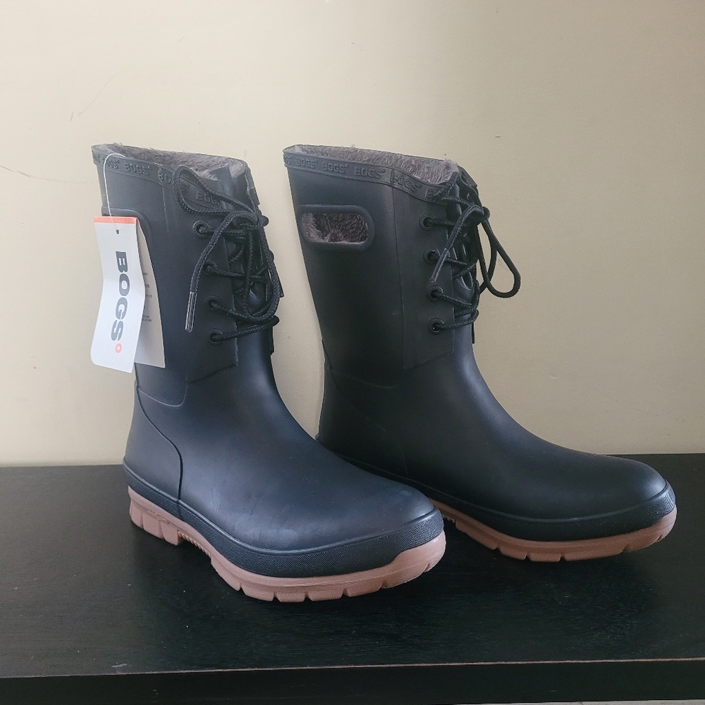 BOGS Amanda Black Faux Shearling Lined Waterproof Rubber Boot 8